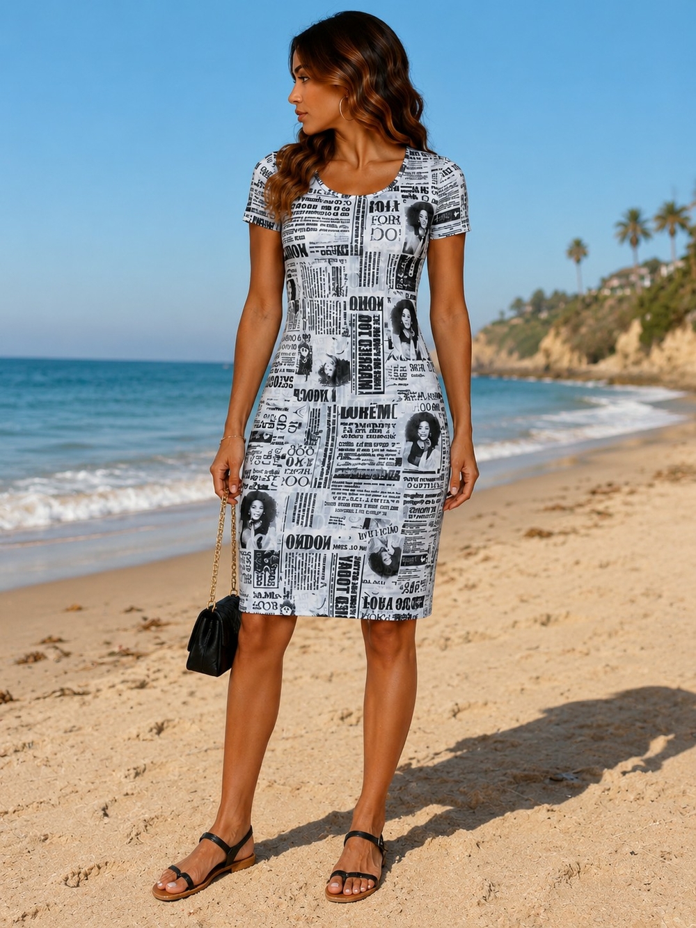 For The Beach Spandex Strench Women's Black & White Newspaper Print Midi Dress